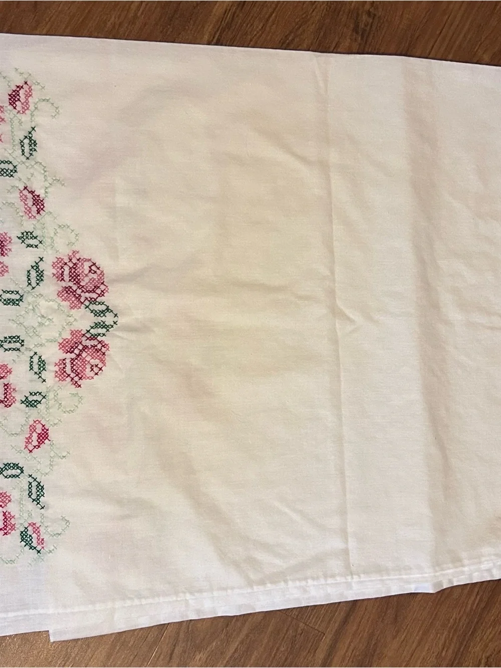 Vintage White Pillowcases with Pink Rose Embroidery